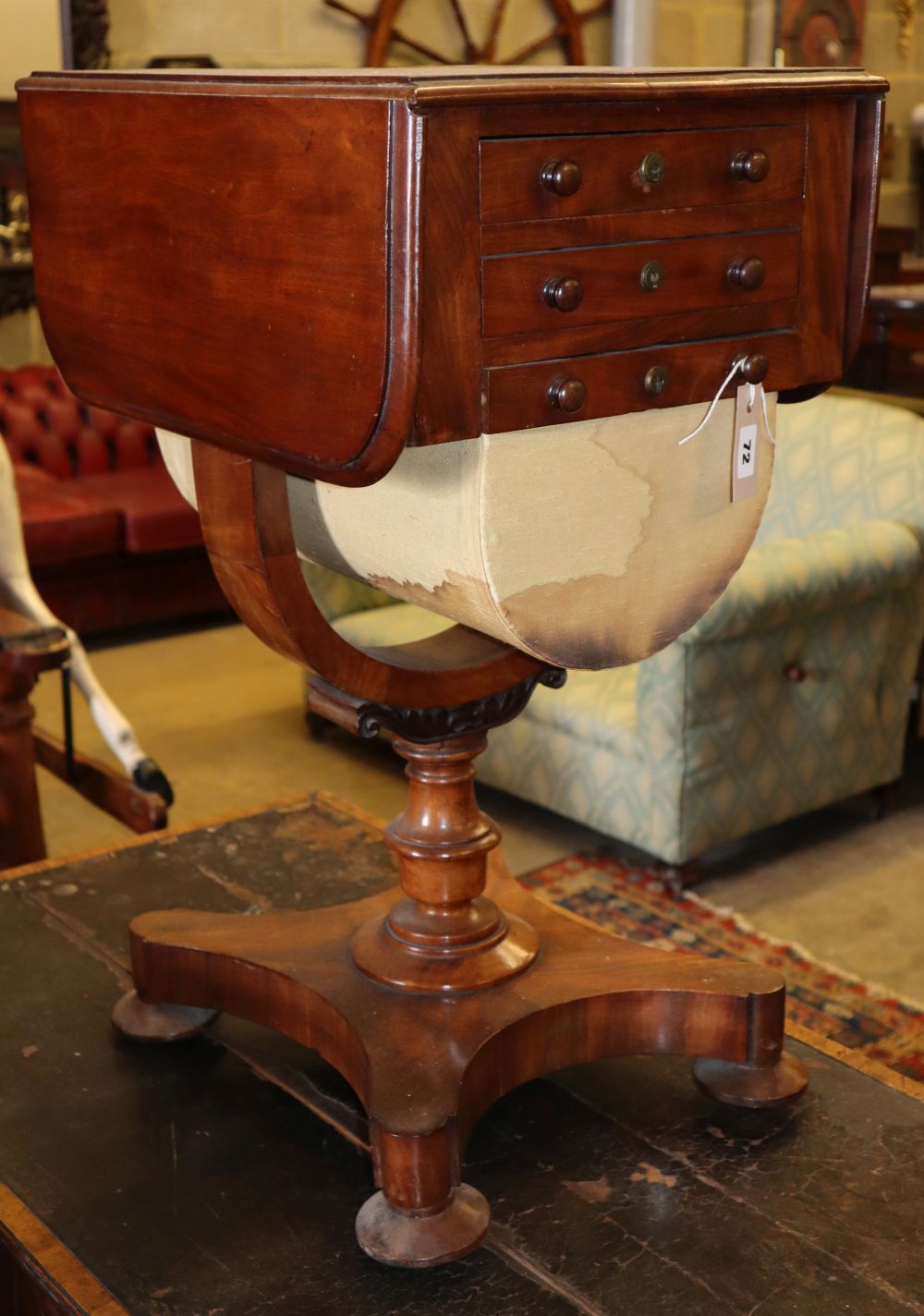 An early Victorian mahogany drop flap work table, W.38cm, D.46cm, H.72cm